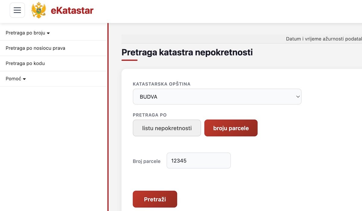Экран поиска eKatastar с полями для муниципалитета, кадастровой общины и номера участка