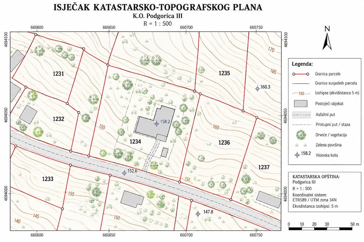 Фрагмент кадастрово-топографического плана с границами участков, горизонталями и существующим зданием