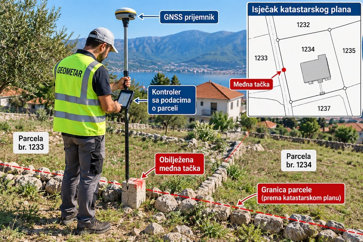Геометар с GNSS-приёмником обозначает межевую точку на границе участка